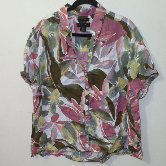 Tahari Pink Floral Button-Down Camp Shirt 100% Linen Boxy Women's Size 1X - Picture 1 of 3